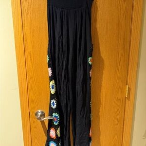 High waisted Black Crochet Floral Pants